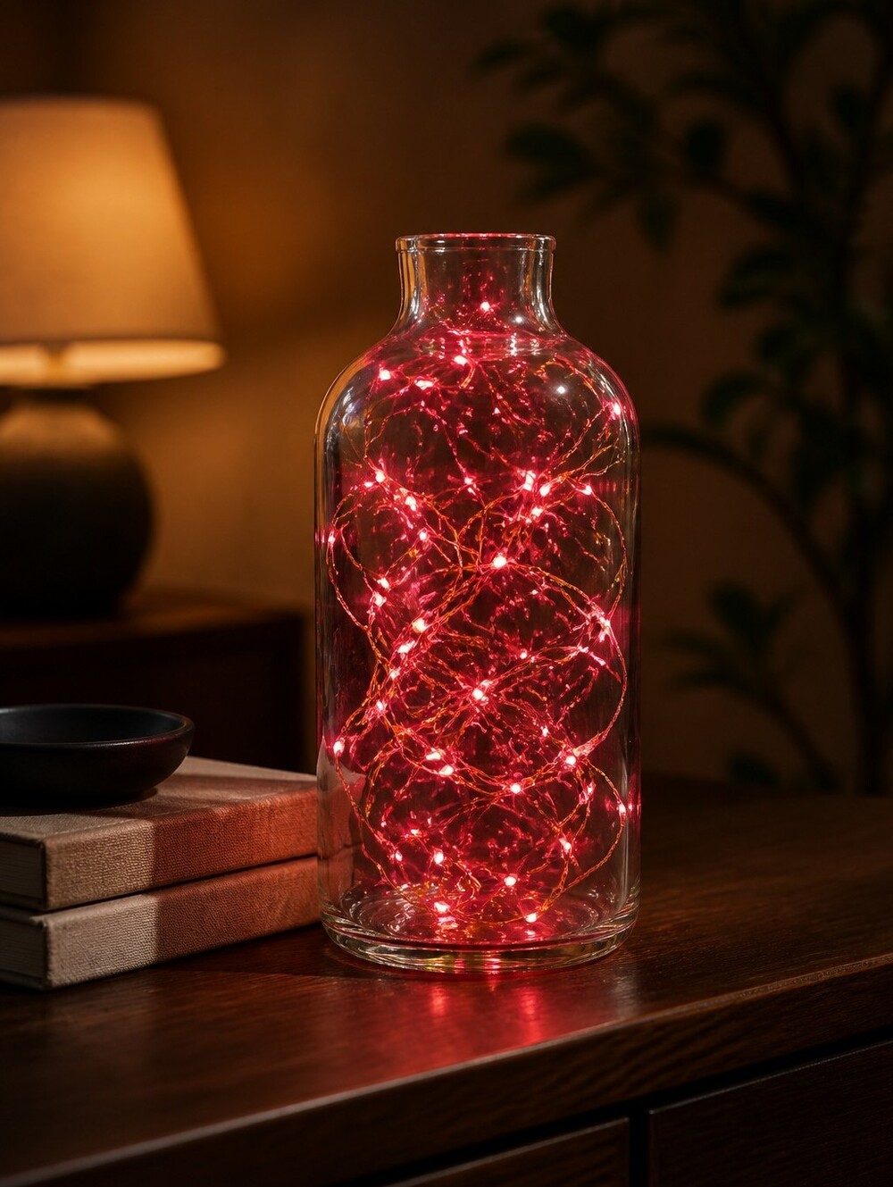 Glass Bottle with Red Fairy Lights